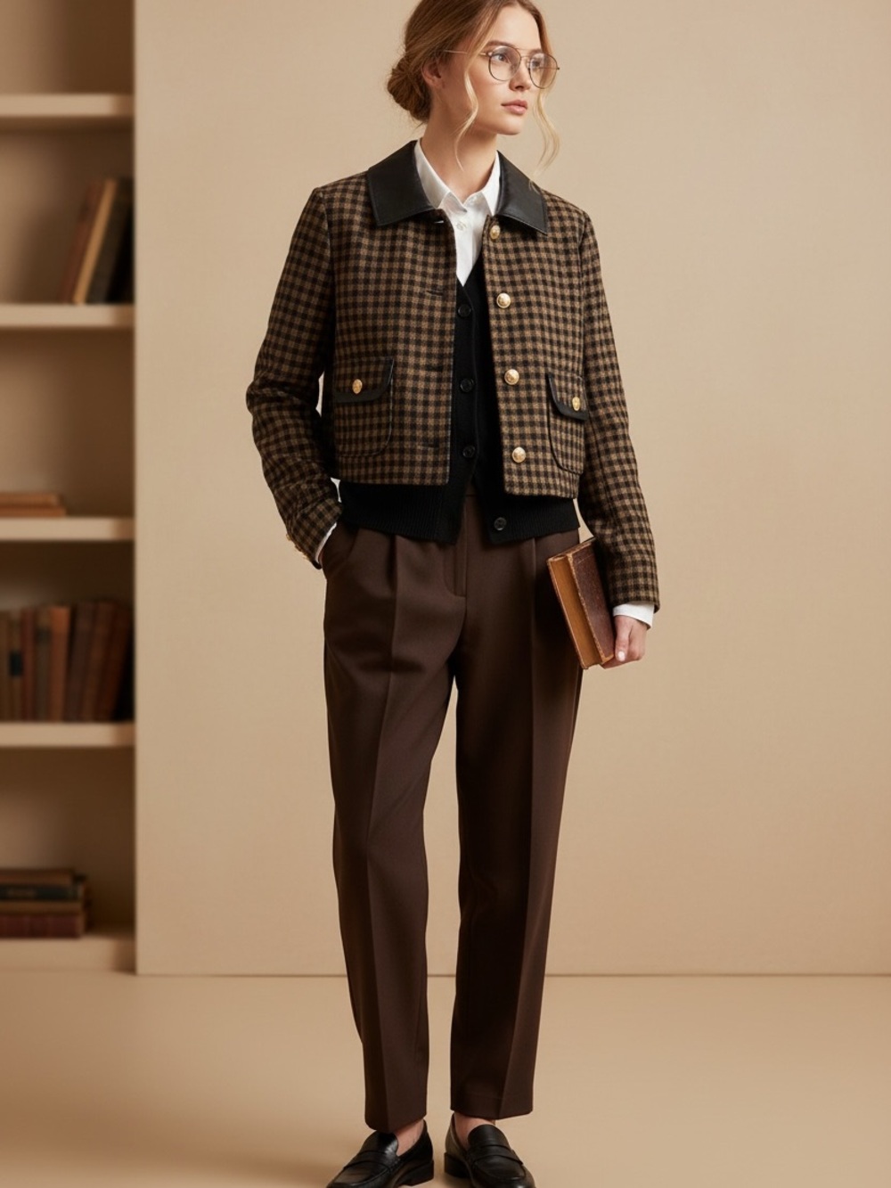 Bagatelle Wool Wom Cropped Blazer with Leather-Trim Collar - Brown